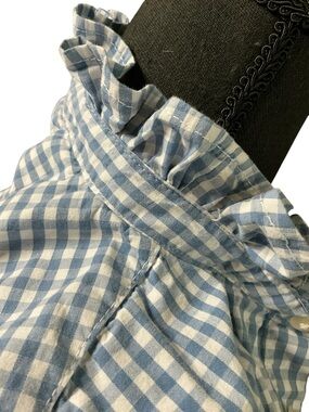 Ruffle-Collar Upcycled Button Front Shirt for Kids 6-7 Gingham Checks